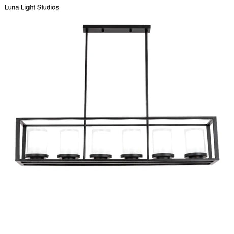 Traditional Cylinder Glass Island Light With Black Rectangle Frame - 3/6 Lights Dining Room Hanging