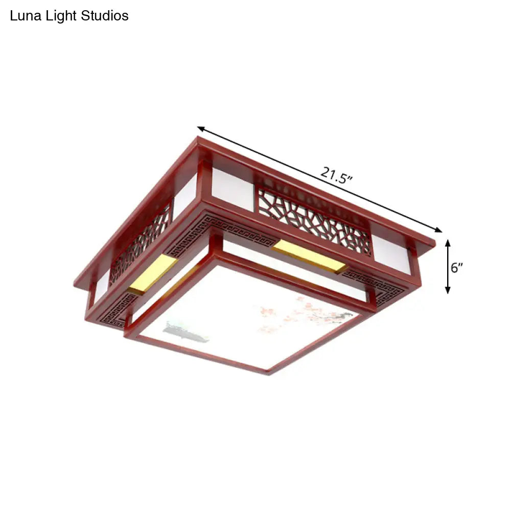 Traditional Dark Red Wood Led Square Flush Mount Ceiling Light