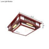 Traditional Dark Red Wood Led Square Flush Mount Ceiling Light