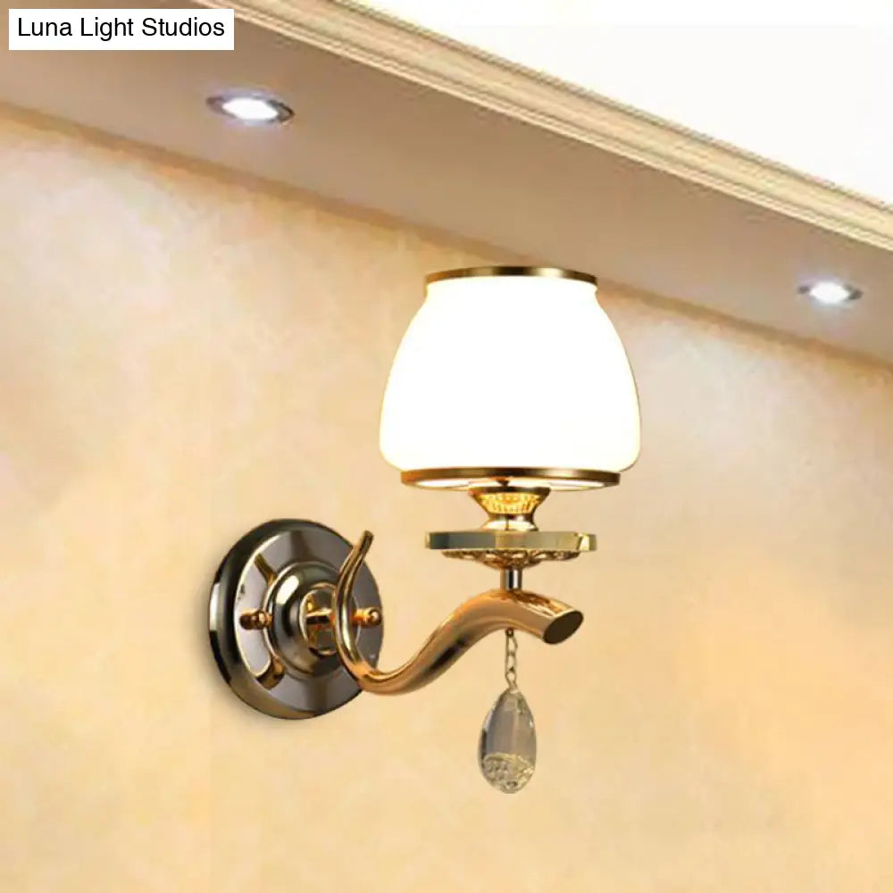 Traditional Dome Sconce With White Glass And Crystal Accent