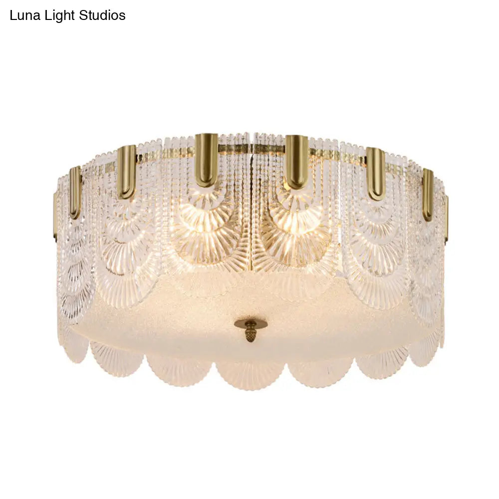 Traditional Drum Flushmount Prism Glass 6-Light Bedroom Ceiling Fixture In Brass