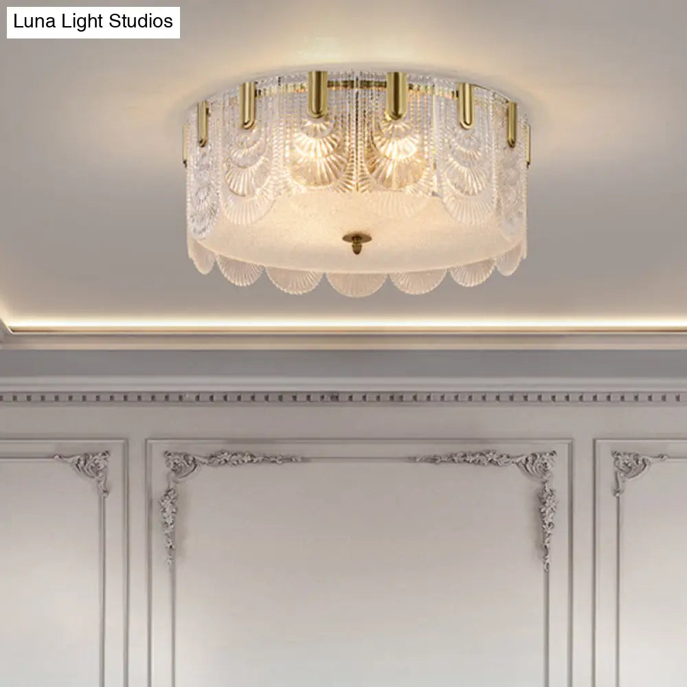 Traditional Drum Flushmount Prism Glass 6-Light Bedroom Ceiling Fixture In Brass