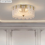 Traditional Drum Flushmount Prism Glass 6-Light Bedroom Ceiling Fixture In Brass