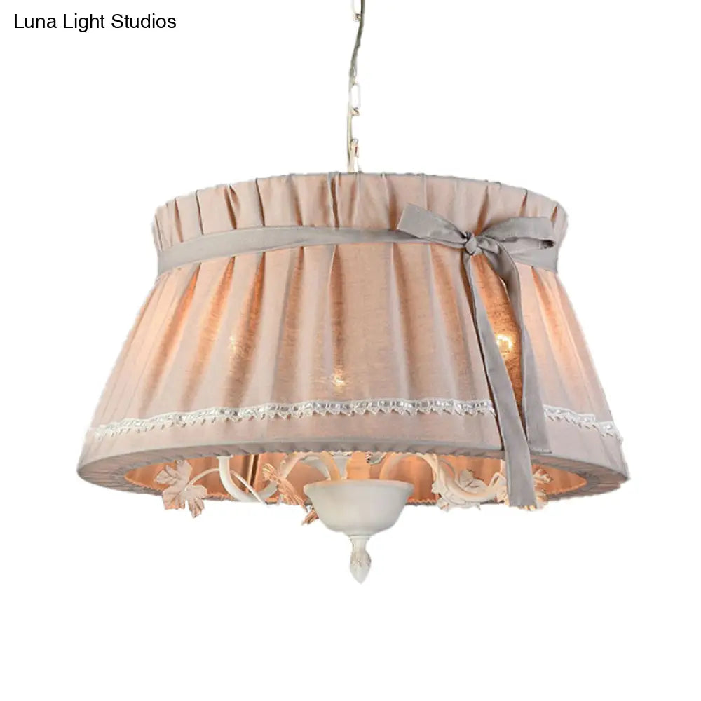 Traditional Fabric Drum Pendant Chandelier - Beige Hanging Light Fixture For Dining Room (4 Lights)