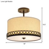 Traditional Fabric Drum Semi-Mount Ceiling Lamp - White 5 Lights For Living Room