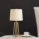 Traditional Fabric Drum Table Light With Geometric Base - Bedroom Task Lighting In White