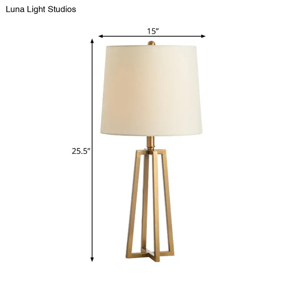 Traditional Fabric Drum Table Light With Geometric Base - Bedroom Task Lighting In White