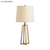 Traditional Fabric Drum Table Light With Geometric Base - Bedroom Task Lighting In White