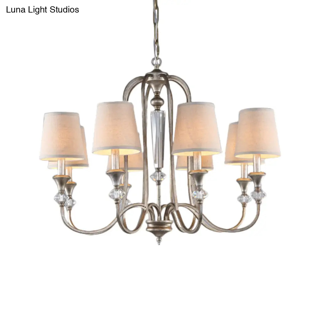 Traditional Fabric Pendant Chandelier - Cone Shape White 3/6 Lights Curved Arm Hanging Fixture For