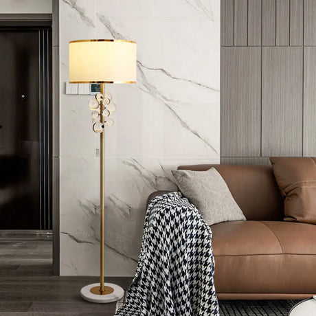 Traditional Fabric Round Shade Floor Standing Lamp With Crystal Orbs - Multicolor/Clear Clear