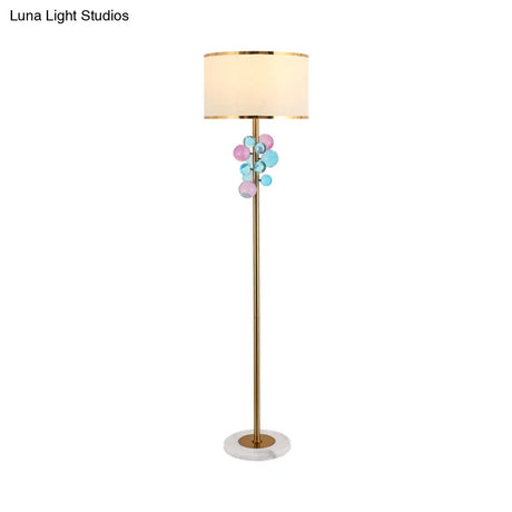 Traditional Fabric Round Shade Floor Standing Lamp With Crystal Orbs - Multicolor/Clear