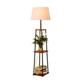 Traditional Fabric Tapered Drum Floor Lamp With 3-Layer Shelf In Black / B