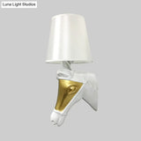 Traditional Fabric Wall Mount Sconce Light - White/Gold Bedroom Lighting With Horse Head Backplate