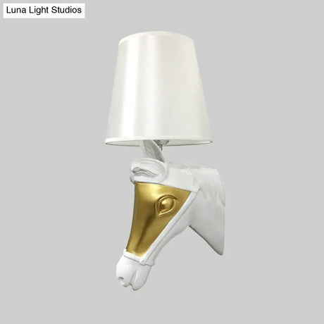 Traditional Fabric Wall Mount Sconce Light - White/Gold Bedroom Lighting With Horse Head Backplate