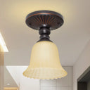 Traditional Flared Foyer Semi Flush Mount With Ribbed Frosted Glass – 1 Light Black Flushmount