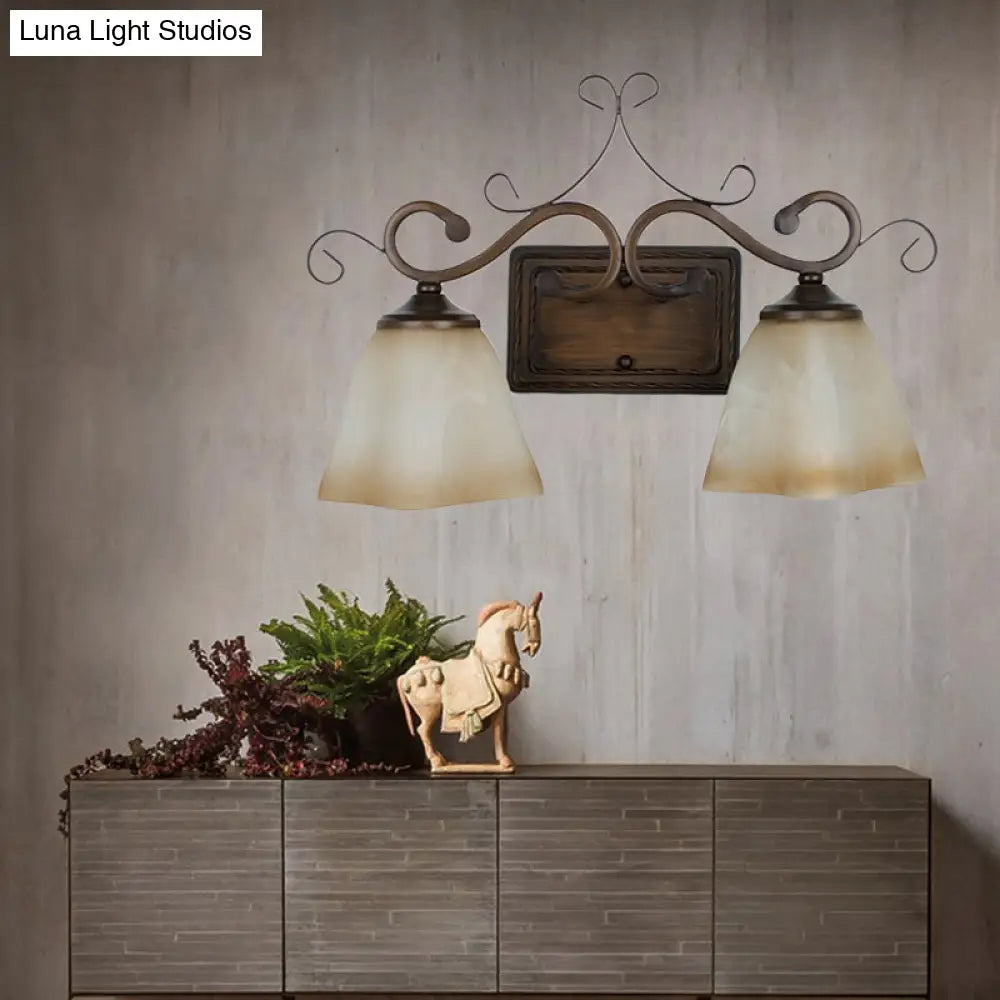 Traditional Flared Frosted Glass Vanity Lighting With 2 Beige Wall Mounted Lights For Bathroom