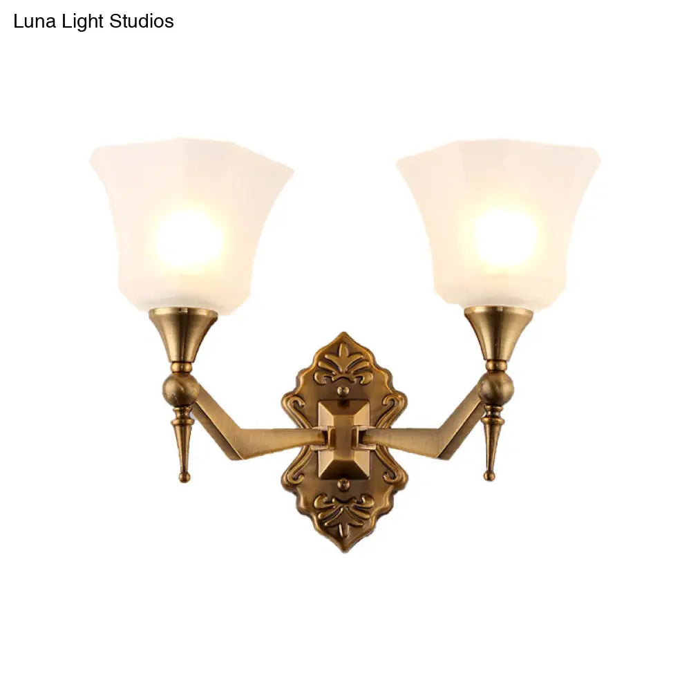 Traditional Flared Wall Sconce Light In Gold With Frosted Glass Shade For Bathroom