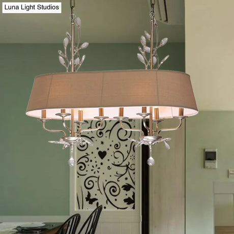 Traditional Flaxen Fabric Pendant Lamp With Crystal Accents - 8-Light Island Hanging Fixture