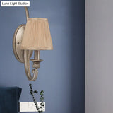 Traditional Flaxen Fabric Sconce: 1-Light Curved Arm Wall Lighting For Bedroom