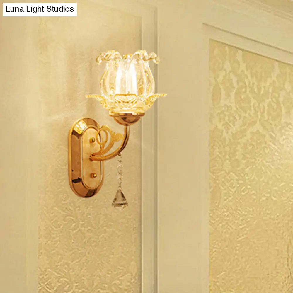 Traditional Floral Living Room Wall Mount Light With Textured Glass And Gold Fixture