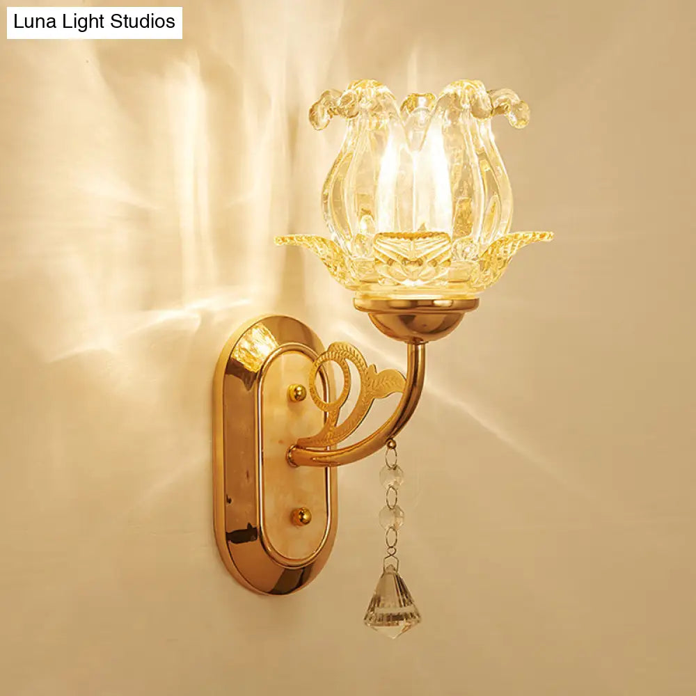 Traditional Floral Living Room Wall Mount Light With Textured Glass And Gold Fixture