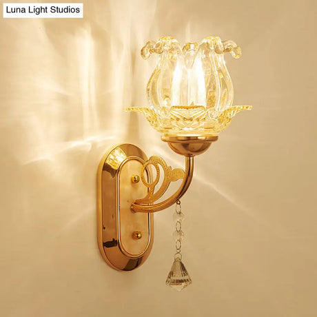 Traditional Floral Living Room Wall Mount Light With Textured Glass And Gold Fixture