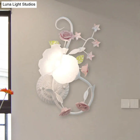 Traditional Floral Wall Mount Lamp - White Glass Sconce For Bedroom