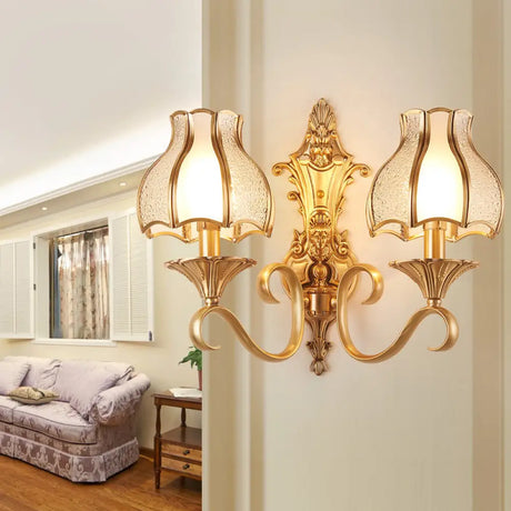 Traditional Floral Wall Mount Light Fixture With Gold Ripple Glass 2 /
