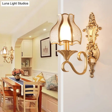 Traditional Floral Wall Mount Light Fixture With Gold Ripple Glass