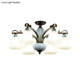 Traditional Flower White Glass Semi-Flush Ceiling Light - Bedroom Lamp (6/8 Heads)