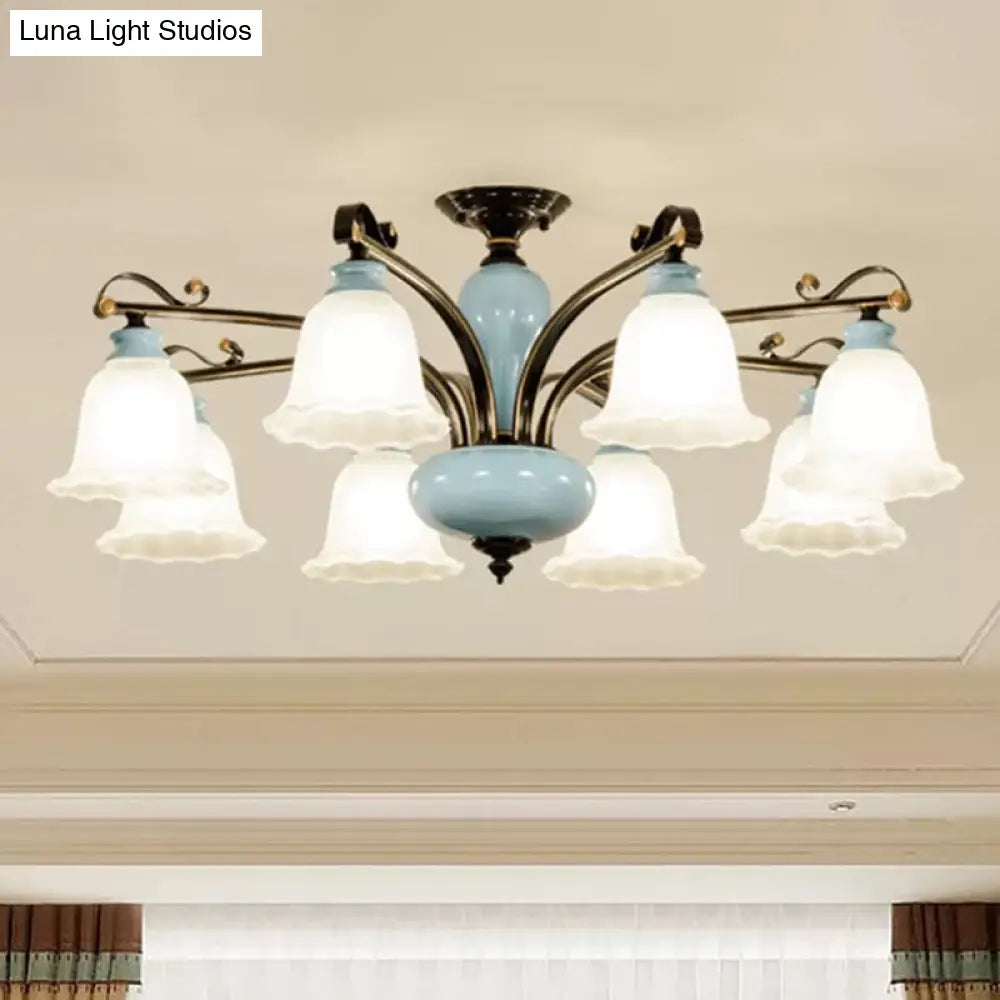 Traditional Flower White Glass Semi-Flush Ceiling Light - Bedroom Lamp (6/8 Heads)