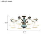 Traditional Flower White Glass Semi-Flush Ceiling Light - Bedroom Lamp (6/8 Heads)