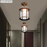 Traditional Flush Mount Cage Lantern With Single Bulb In Black/Brass 8’/9.5’ Wide