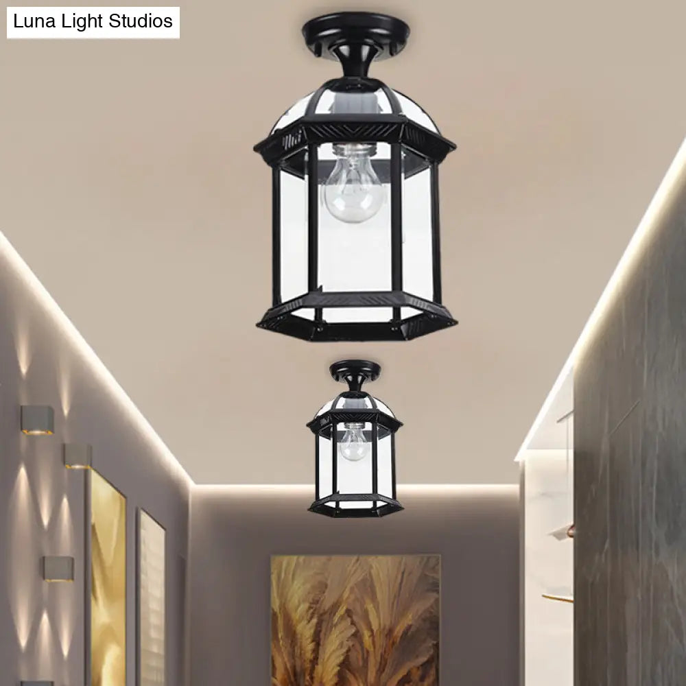 Traditional Flush Mount Cage Lantern With Single Bulb In Black/Brass 8’/9.5’ Wide