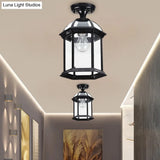 Traditional Flush Mount Cage Lantern With Single Bulb In Black/Brass 8’/9.5’ Wide