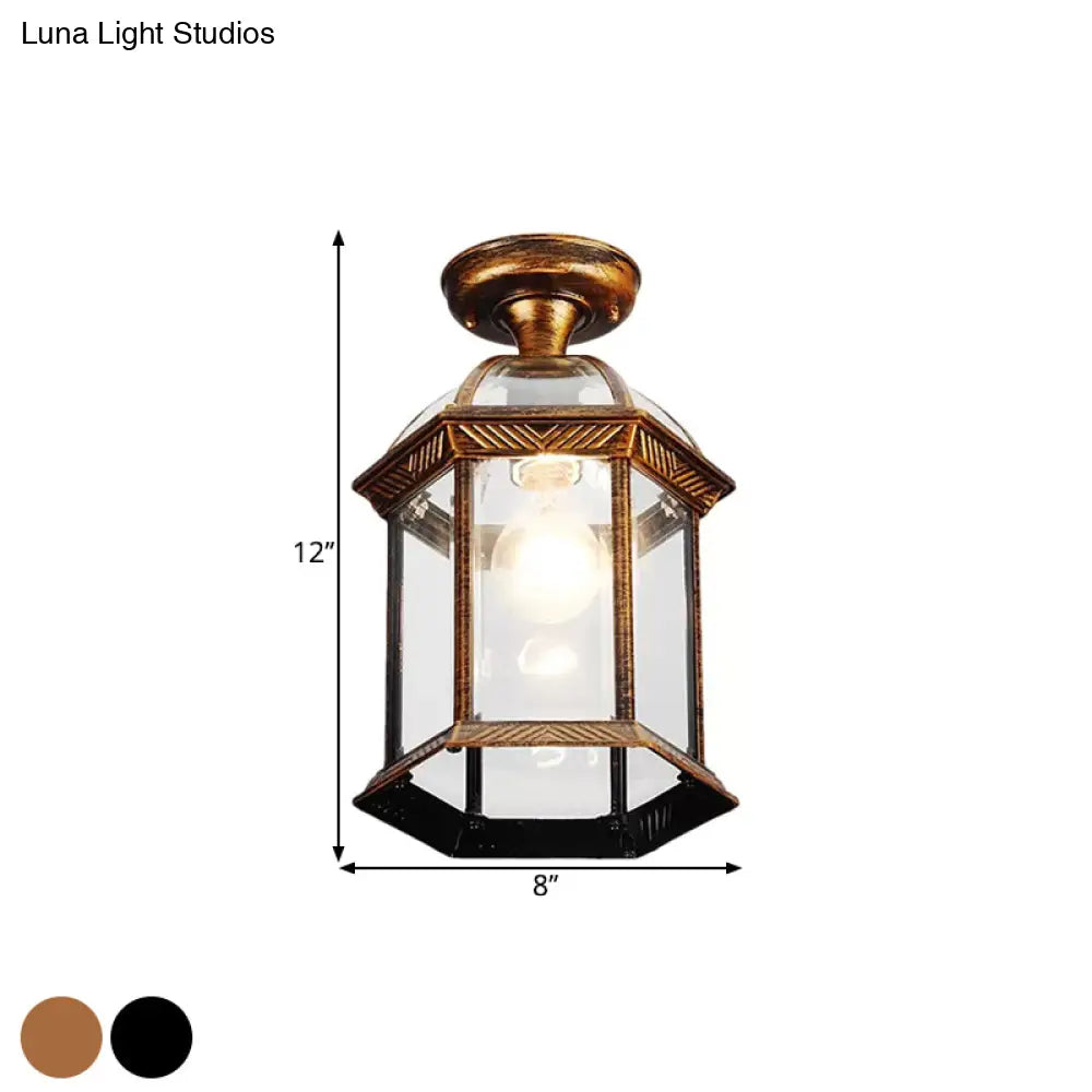 Traditional Flush Mount Cage Lantern With Single Bulb In Black/Brass 8’/9.5’ Wide