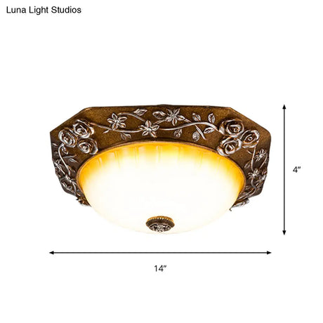 Traditional Flush Mount Led Ceiling Light With Carved Bloom Design In Brown 14’/16’ Wide
