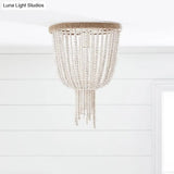 Traditional Flushmount Wood Flush Ceiling Lamp With White Bead Chain - 1 Bulb Bedroom Lighting