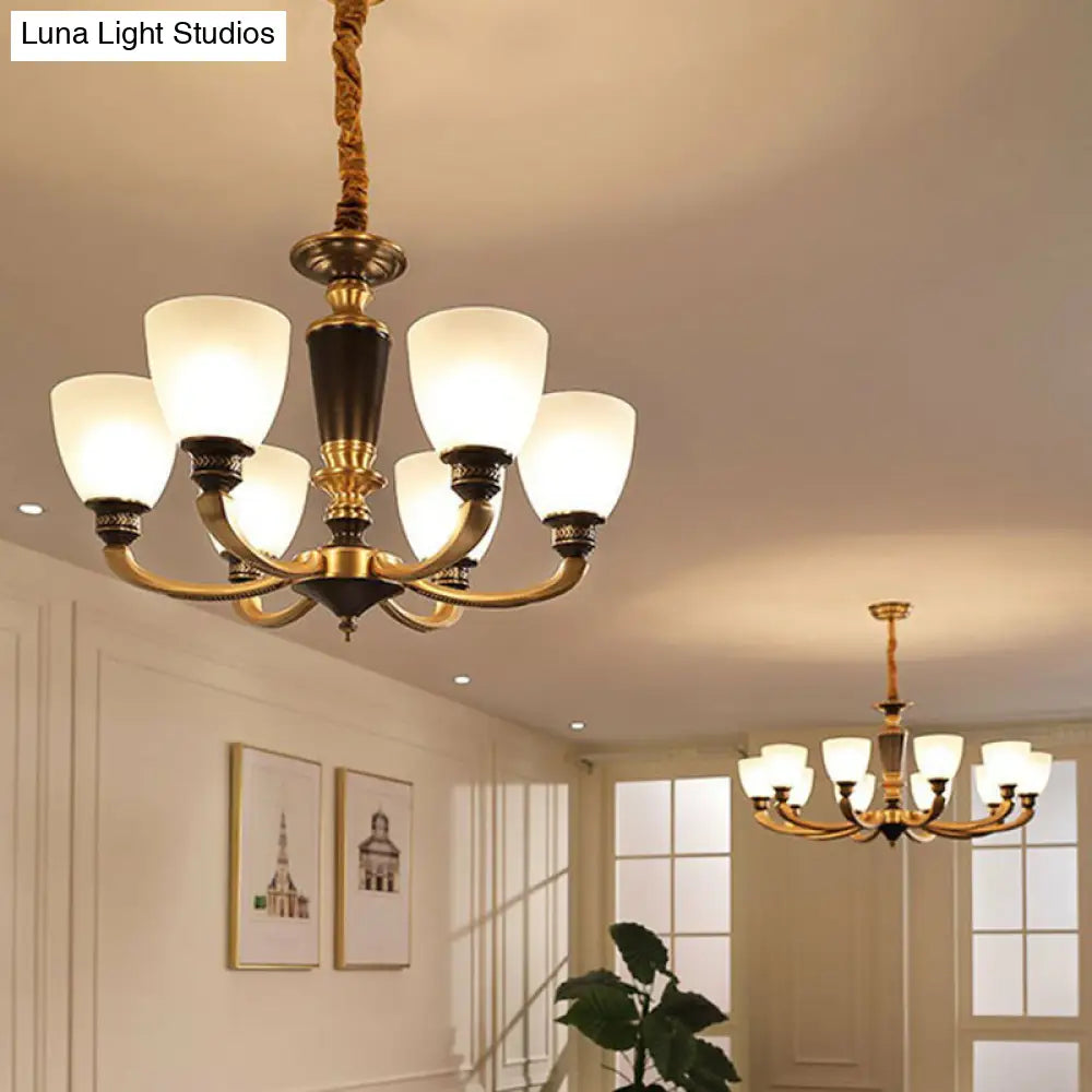 Traditional Frosted Glass Bell Chandelier - Black-Bronze Hanging Ceiling Light For Living Room