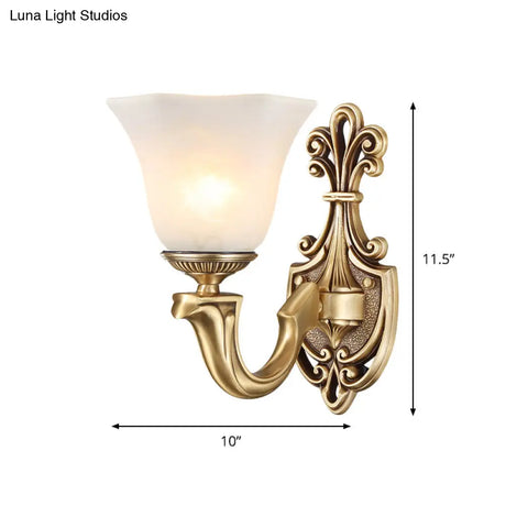 Traditional Frosted Glass Wall Mounted Lamp With Gold Finish - Inverted Bell Design And Curved Arm