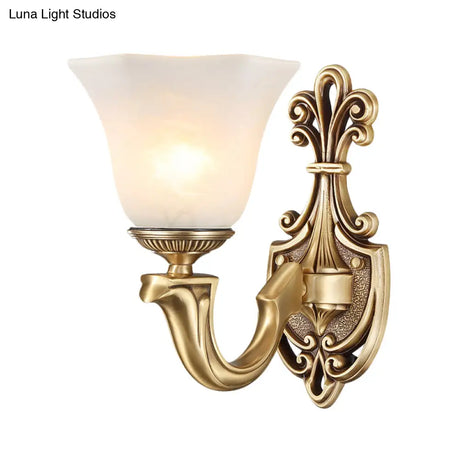 Traditional Frosted Glass Wall Mounted Lamp With Gold Finish - Inverted Bell Design And Curved Arm