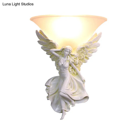 Traditional Frosted Glass Wall Sconce With Angel Backplate In White/Gold - 1 Bulb