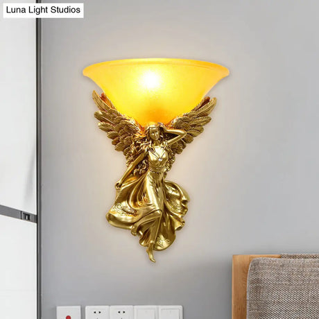 Traditional Frosted Glass Wall Sconce With Angel Backplate In White/Gold - 1 Bulb