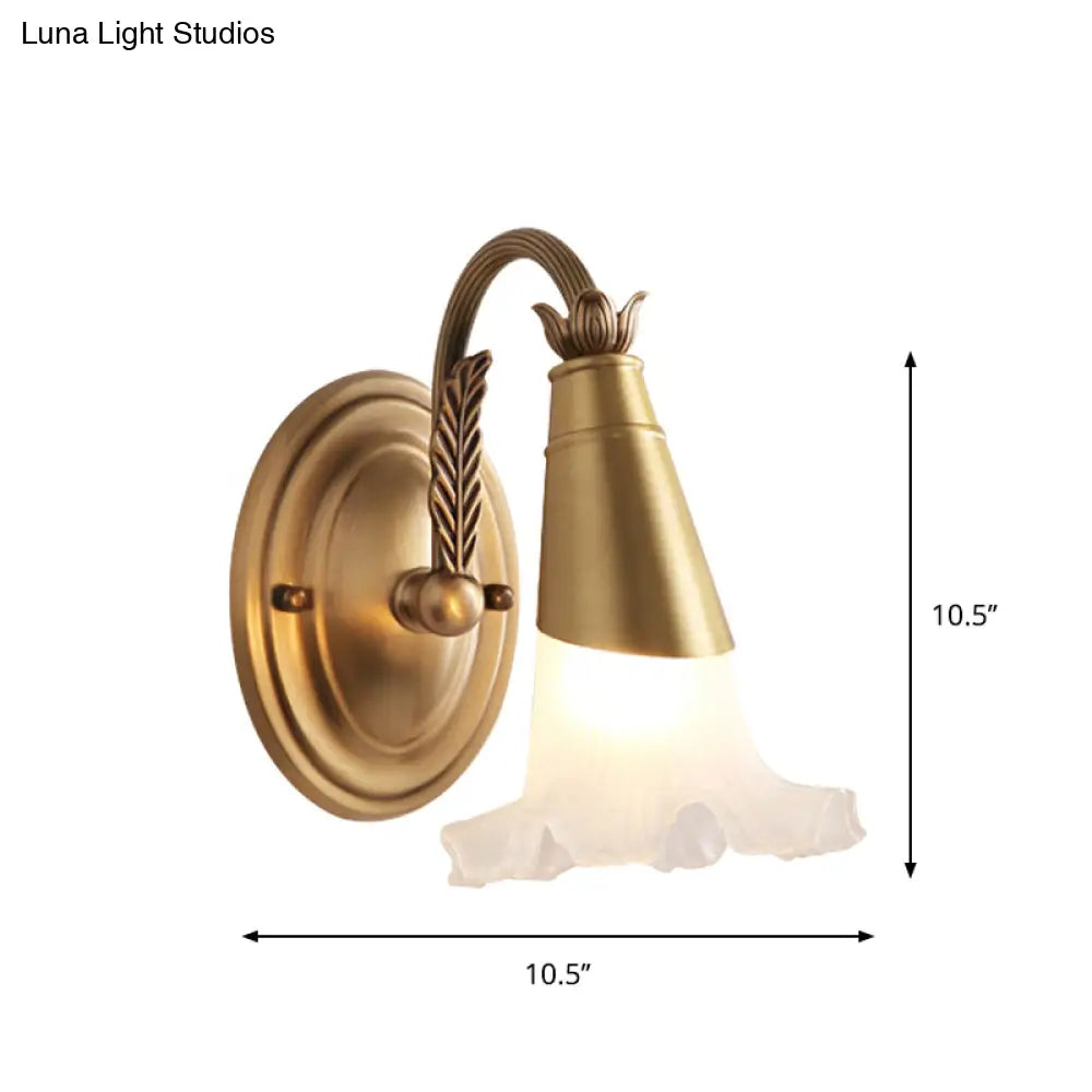 Traditional Gold Cone Vanity Lighting - White Glass 1/2/3-Head Bathroom Wall Lamp With Lettuce Trim