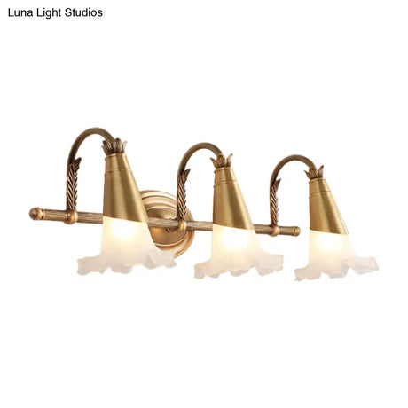 Traditional Gold Cone Vanity Lighting - White Glass 1/2/3-Head Bathroom Wall Lamp With Lettuce Trim