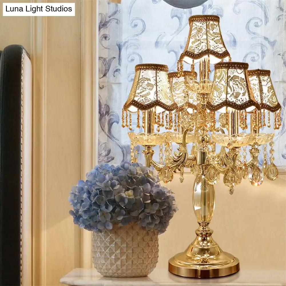 Traditional Gold Crystal Draping Table Lamp With Peony-Patterned Shade - 5 Heads Candle Nightstand