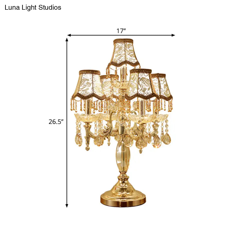 Traditional Gold Crystal Draping Table Lamp With Peony-Patterned Shade - 5 Heads Candle Nightstand