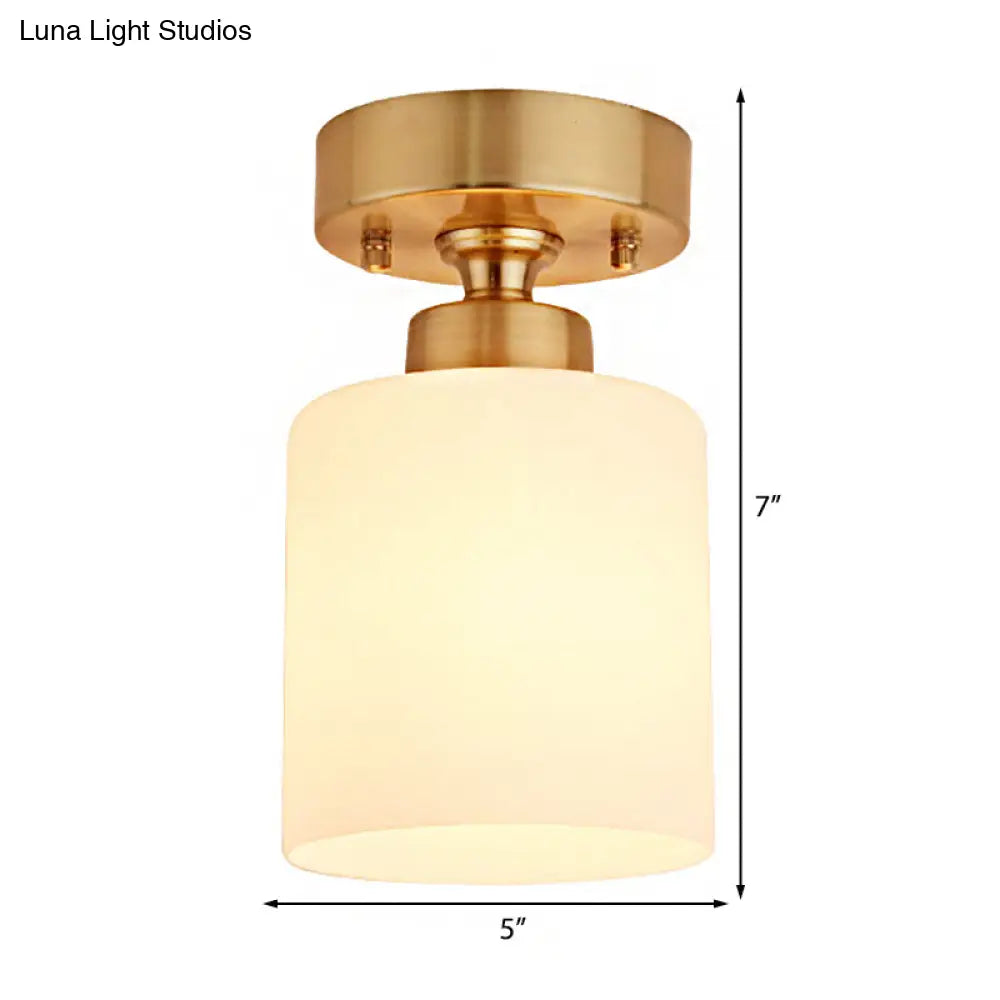 Traditional Gold Cylinder Glass Flush Fixture - 1 Light Living Room Ceiling