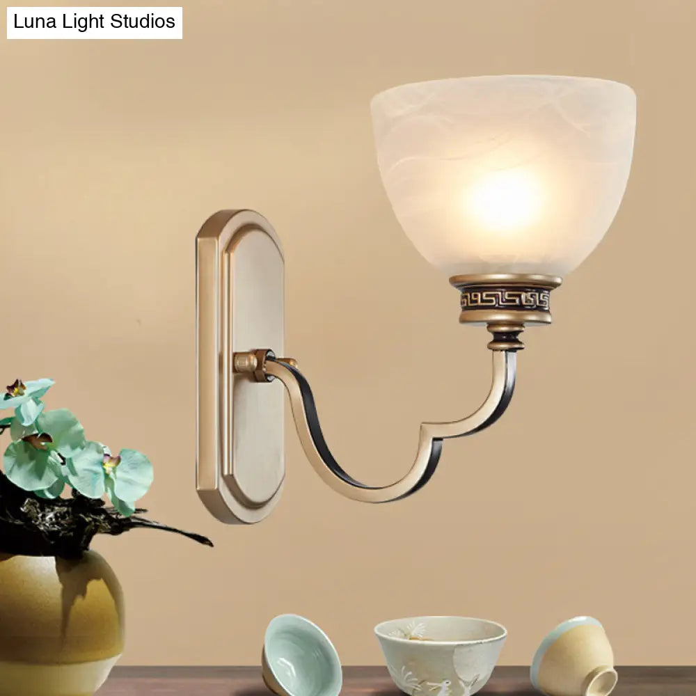 Traditional Gold Dome Wall Mount Sconce Light With Frosted Glass And Wavy Arm Ideal For Living Rooms