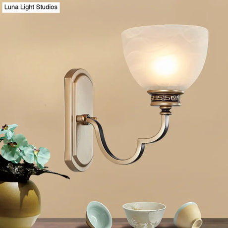 Traditional Gold Dome Wall Mount Sconce Light With Frosted Glass And Wavy Arm Ideal For Living Rooms